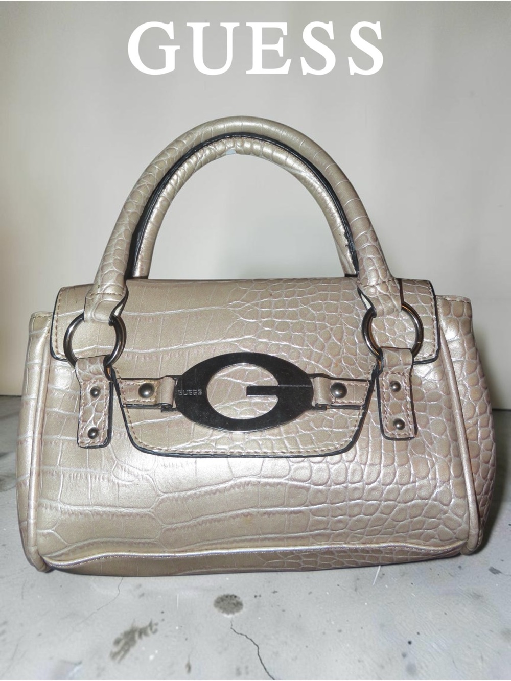 GUESS Metallic Taupe Crocodile Embossed Mini Bag